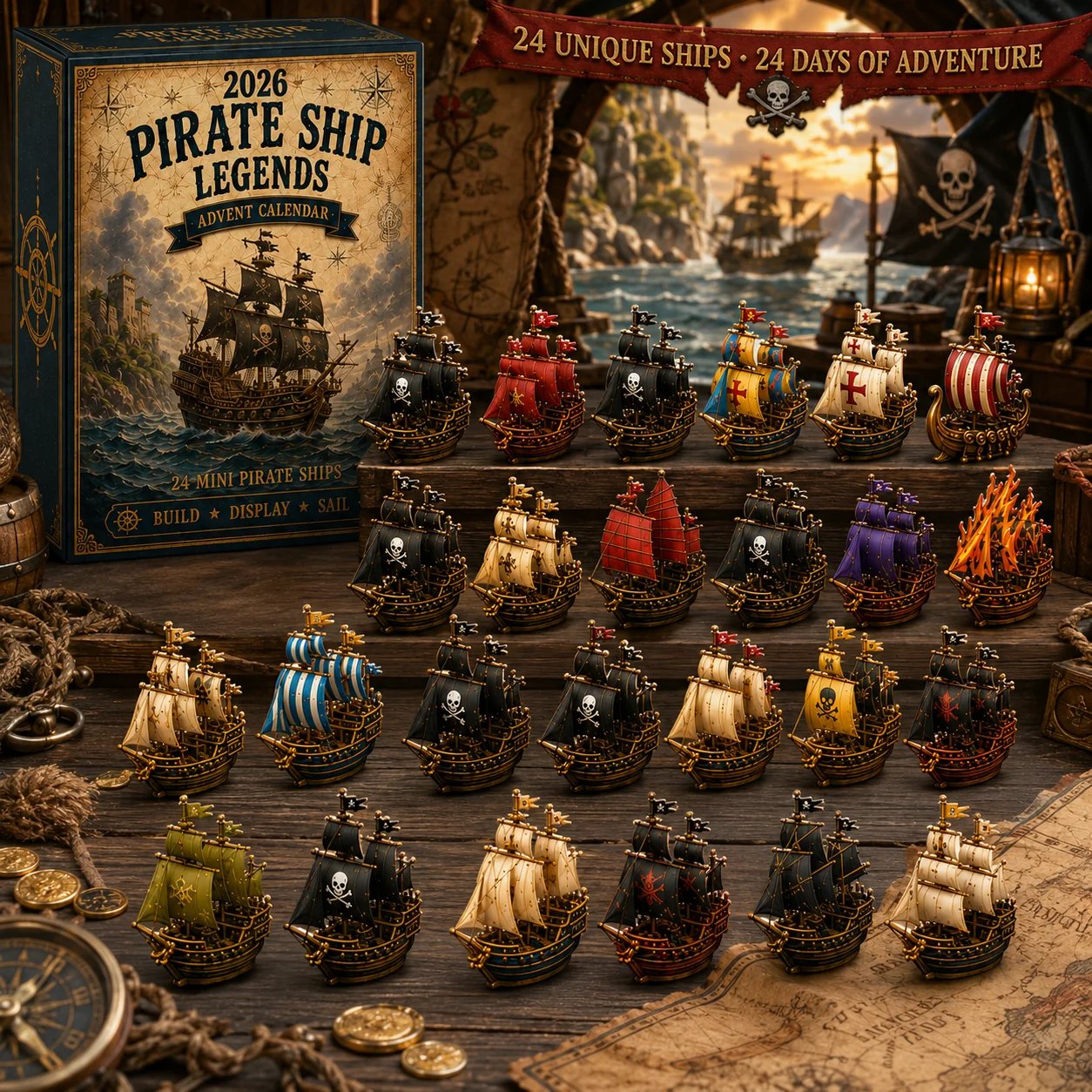 Pirate Ship Legends Advent Calendar 2026 with a collection of miniature ships
