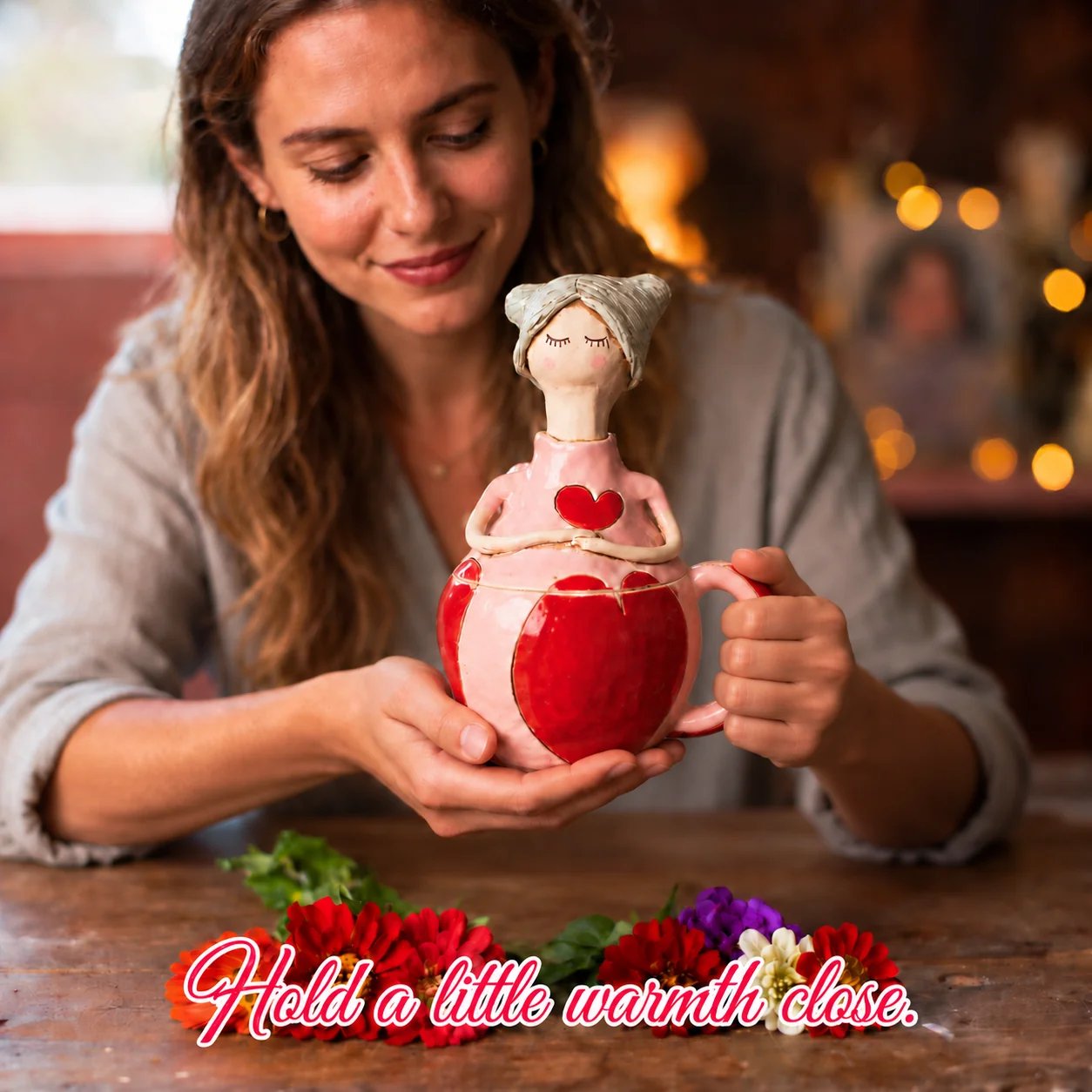 Lifestyle image of a woman holding the pink and red Fernhear fairy jar and mug