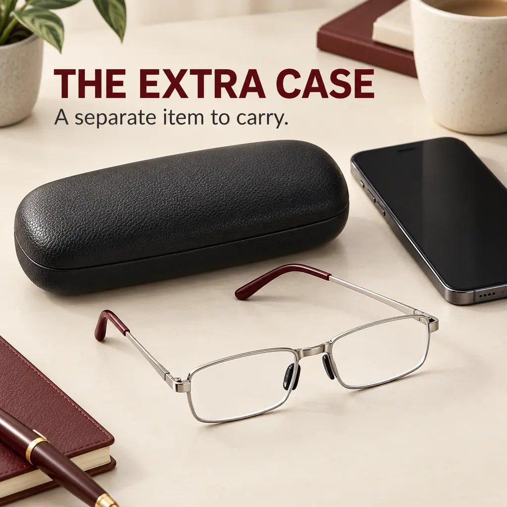 Conventional glasses and a separate full-size case beside a phone