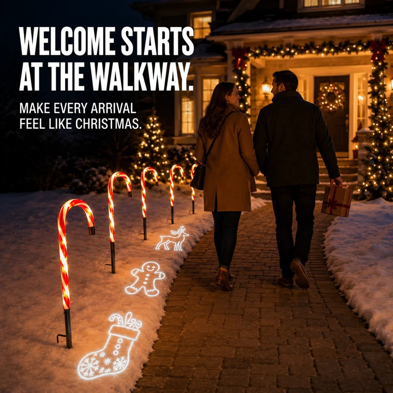 Solar candy cane projector pathway lights welcoming guests to a Christmas home