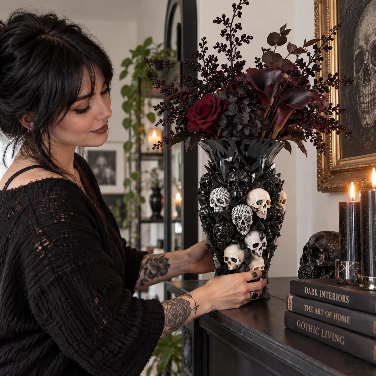 Crystal Skull vase styled in a candlelit gothic room