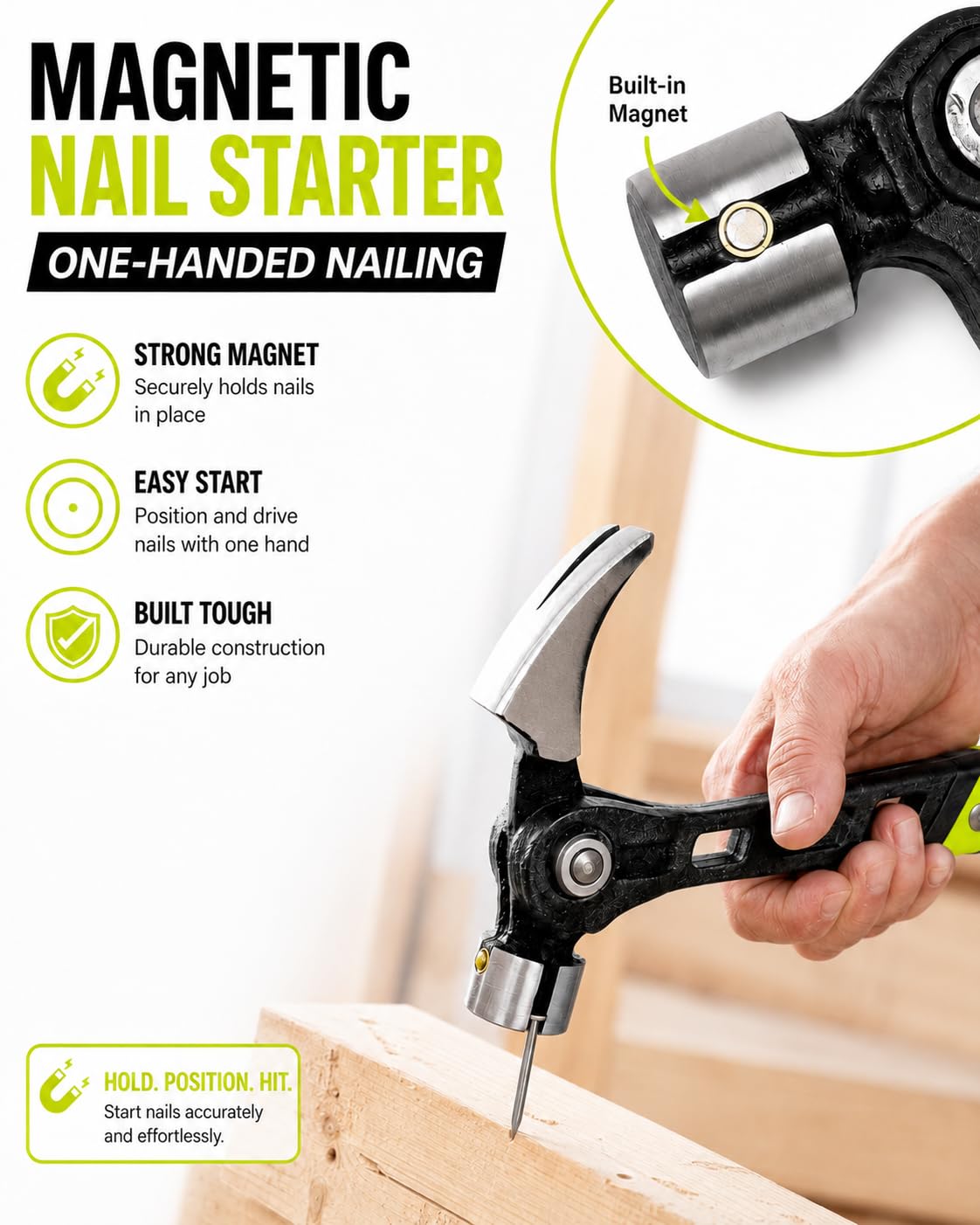 Built-in magnetic nail starter in use
