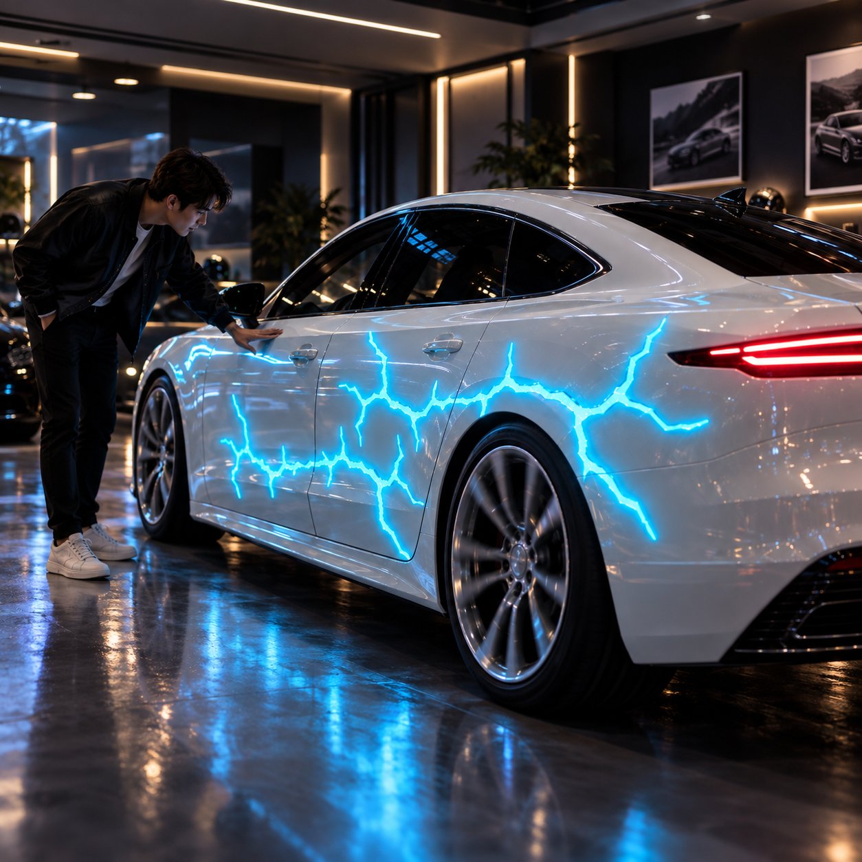 Liquid laser wrapped custom car at night