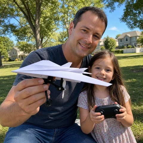 Family testing the paper airplane kit at a park