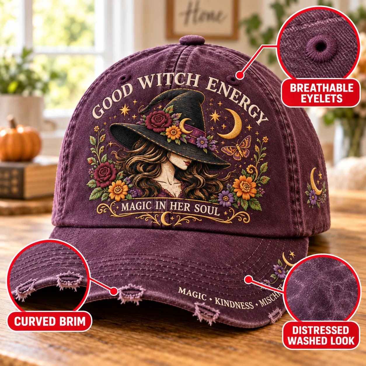 Good Witch Energy Floral Witch Baseball Cap – 7 Colors in context