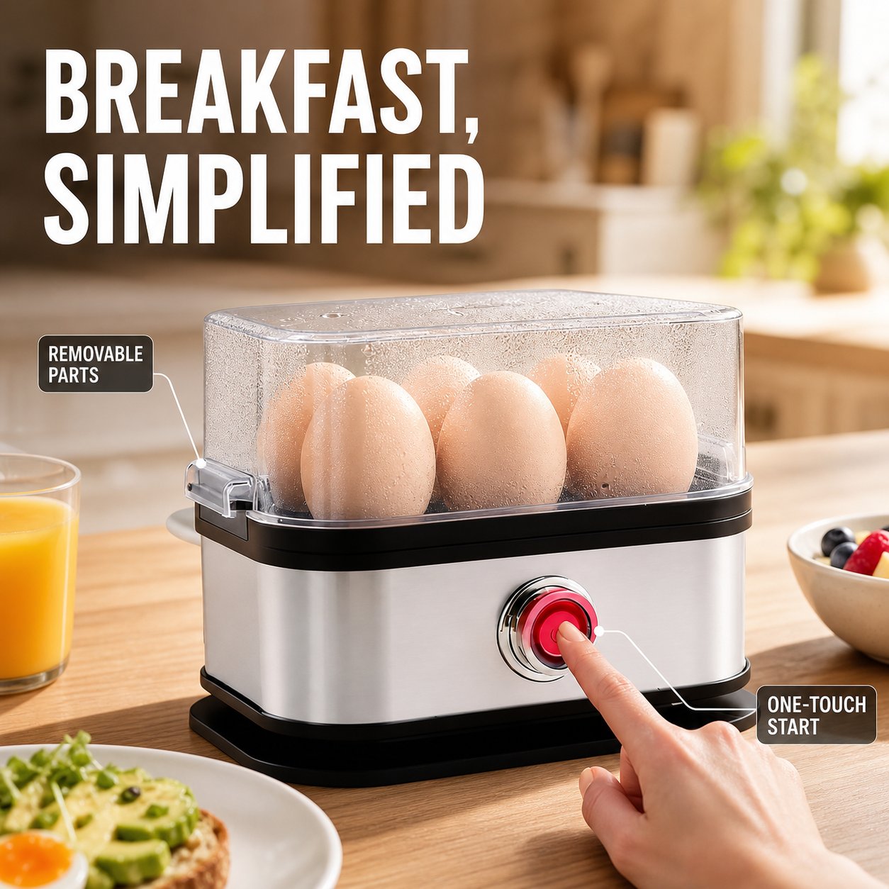 Square silver egg cooker in a bright breakfast kitchen