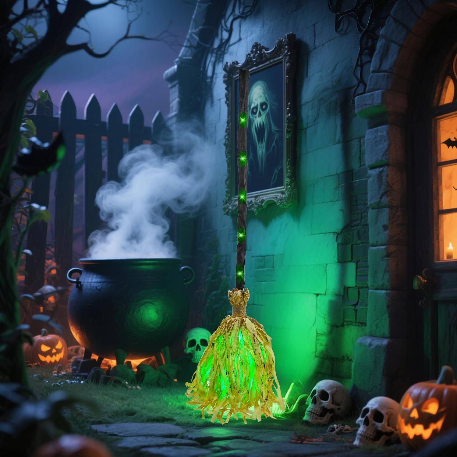 Green glowing animated witch broom in a Halloween setting