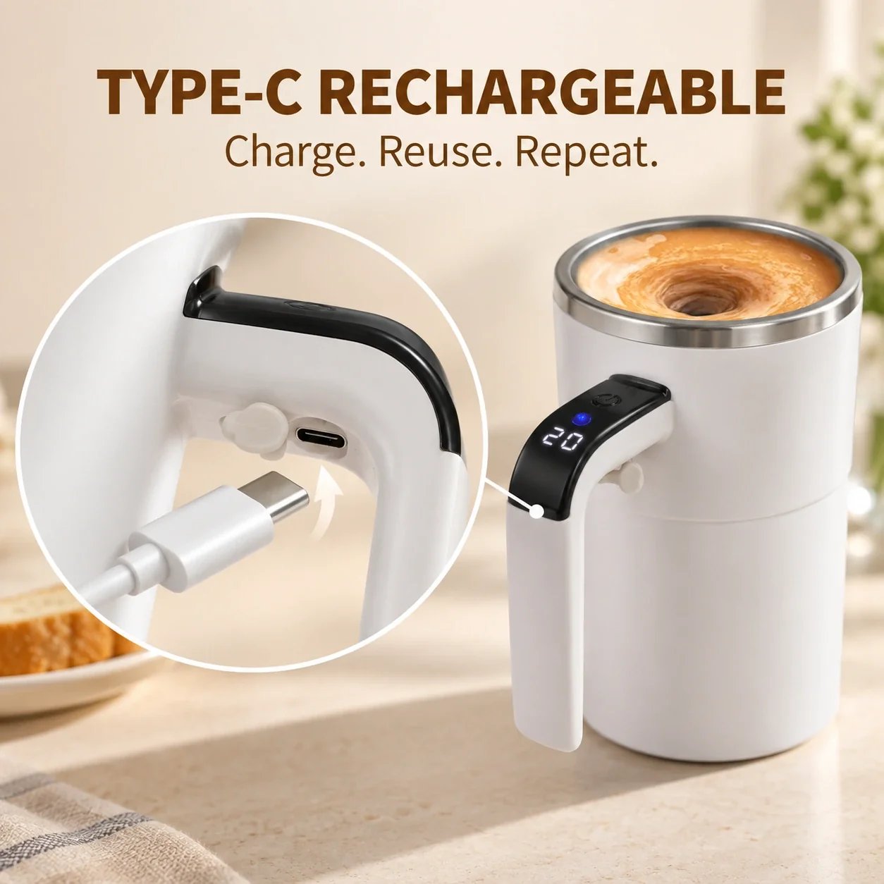 Close-up of the protected Type-C charging port inside the mug handle