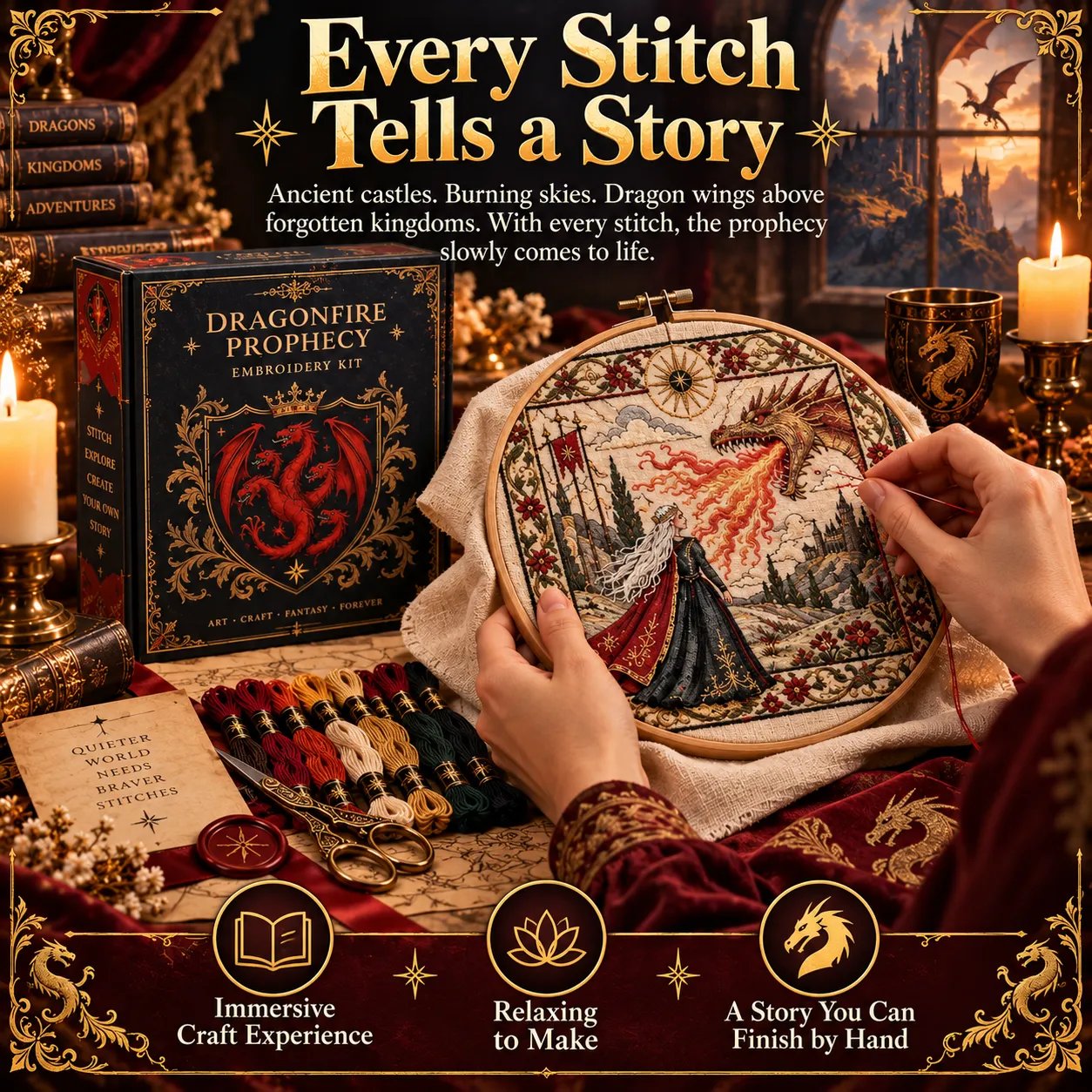 Dragon castle embroidery story design