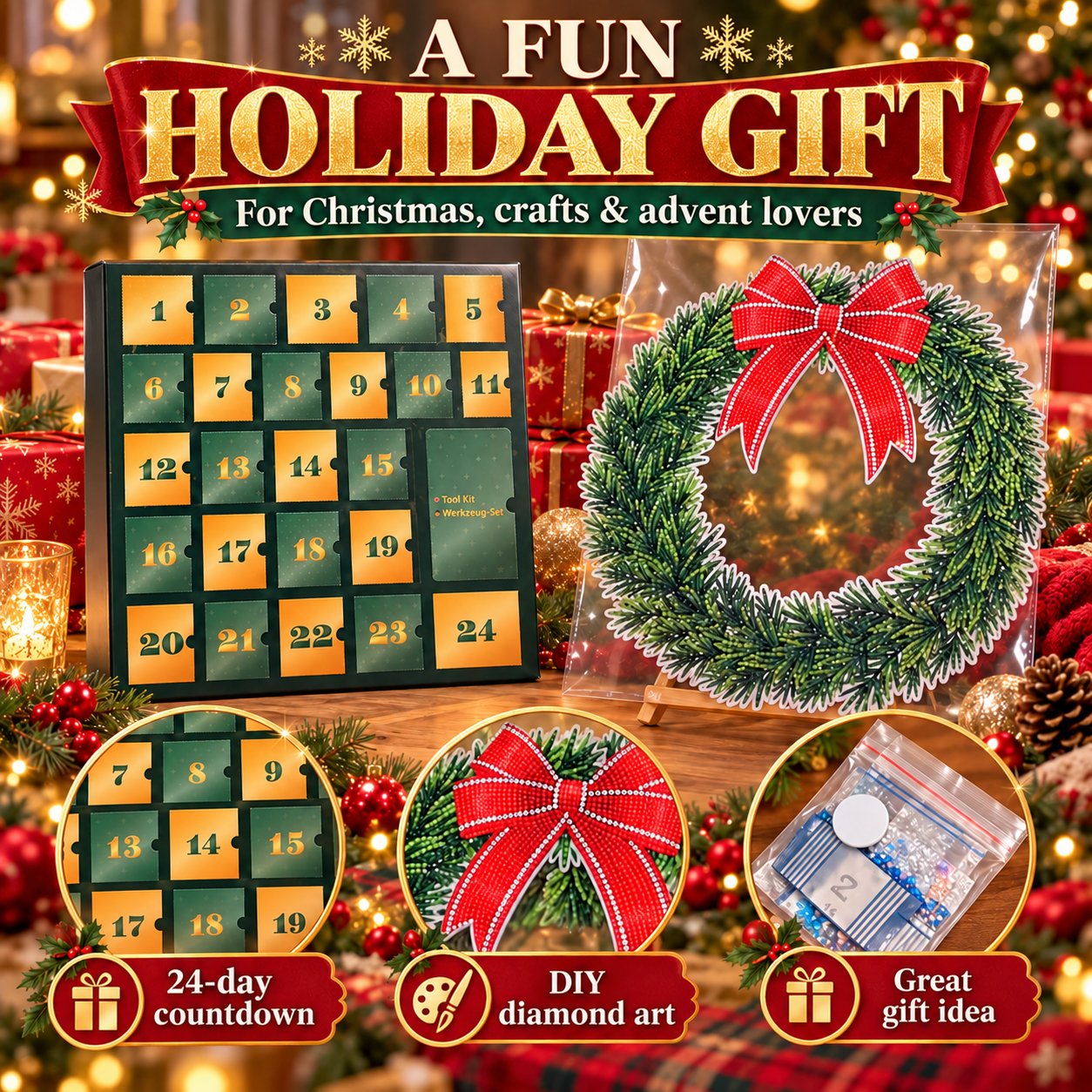 Diamond art wreath advent calendar presented with wrapped Christmas gifts and close-ups of the calendar, bow and gem packet