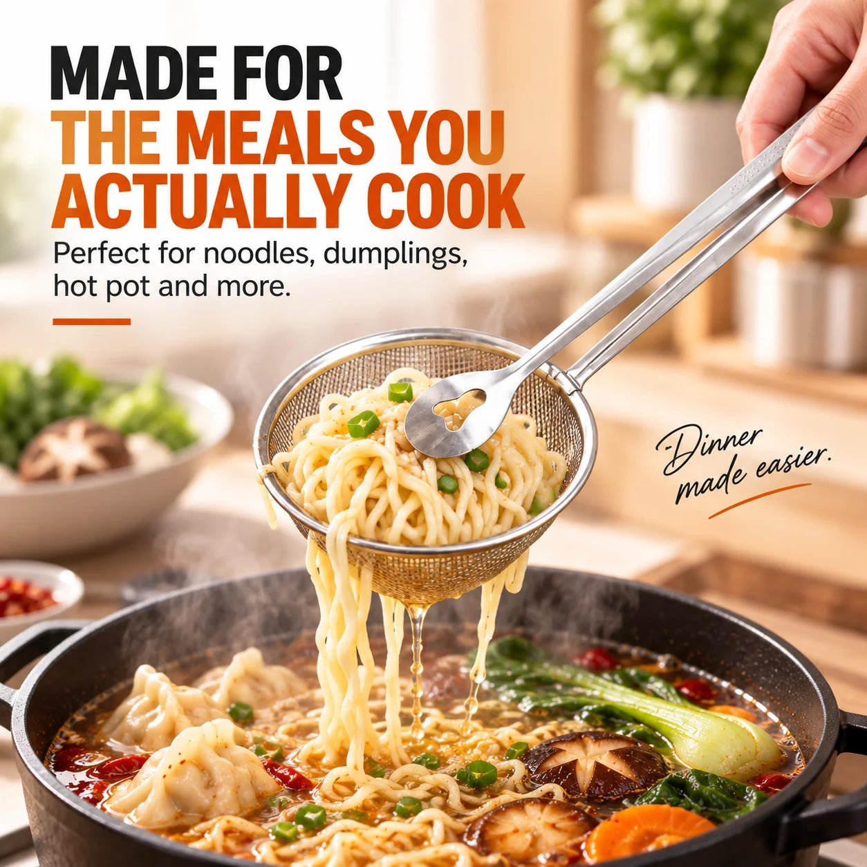 durable stainless steel 2-in-1 kitchen strainer tongs
