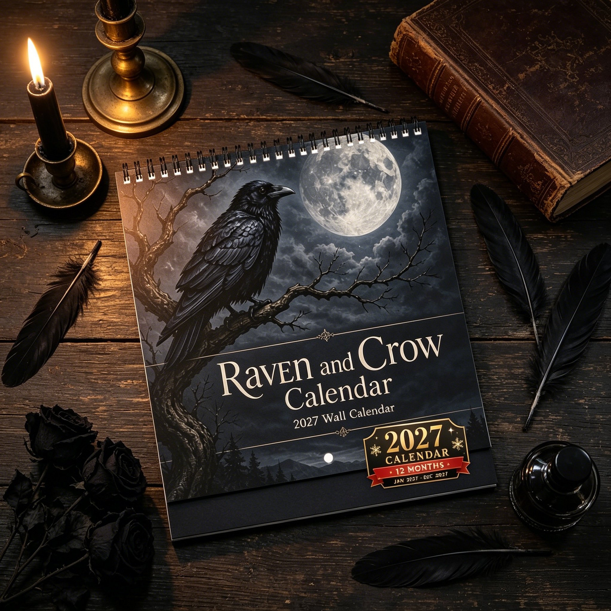 Raven and Crow 2027 calendar cover on a candlelit desk