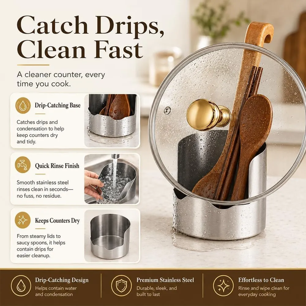 Drip-catching stainless steel spoon rest and pot lid holder for cleaner countertops