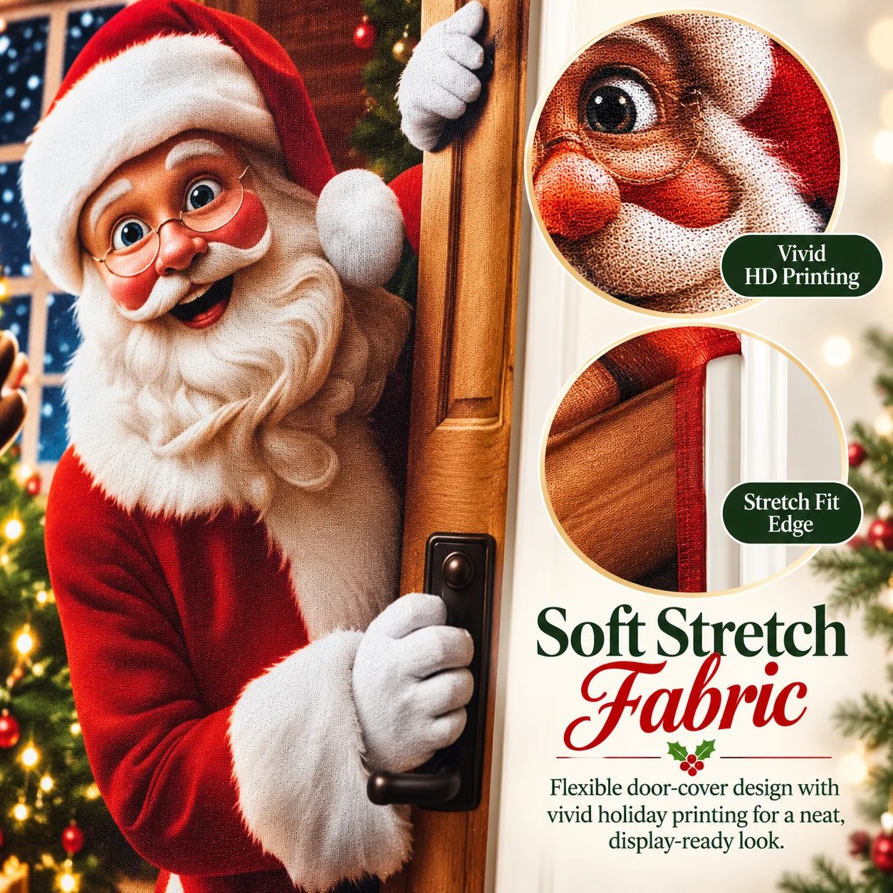Three-step installation demonstration for the Santa and reindeer Christmas door cover