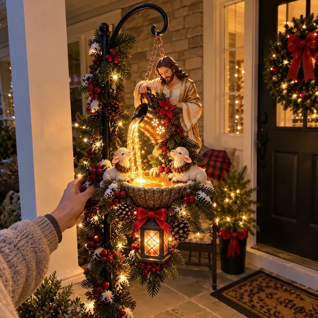 Jesus hanging fountain displayed on porch during daytime