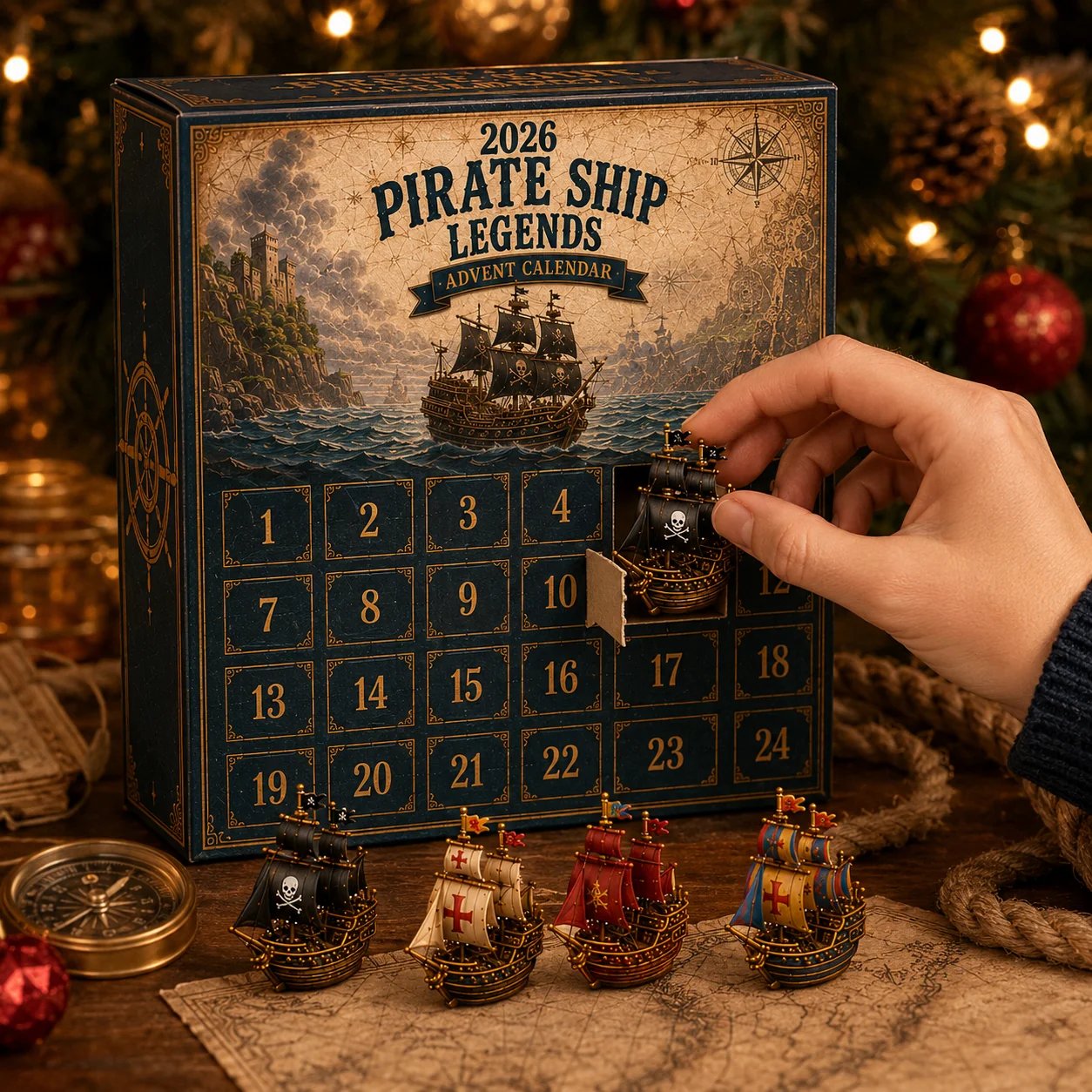 A hand revealing a miniature pirate ship from a numbered calendar compartment