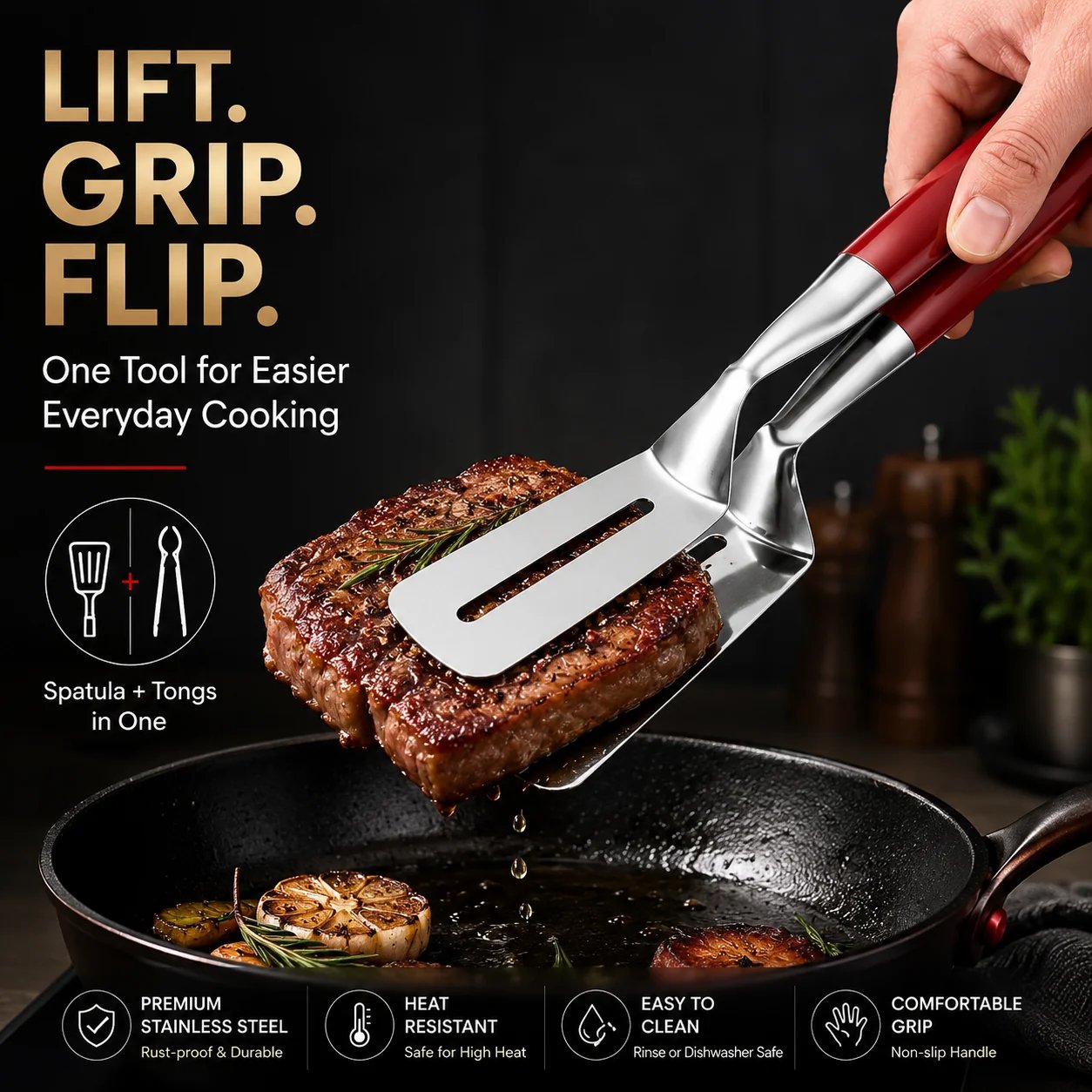 2-in-1 stainless-steel spatula tongs with red handle
