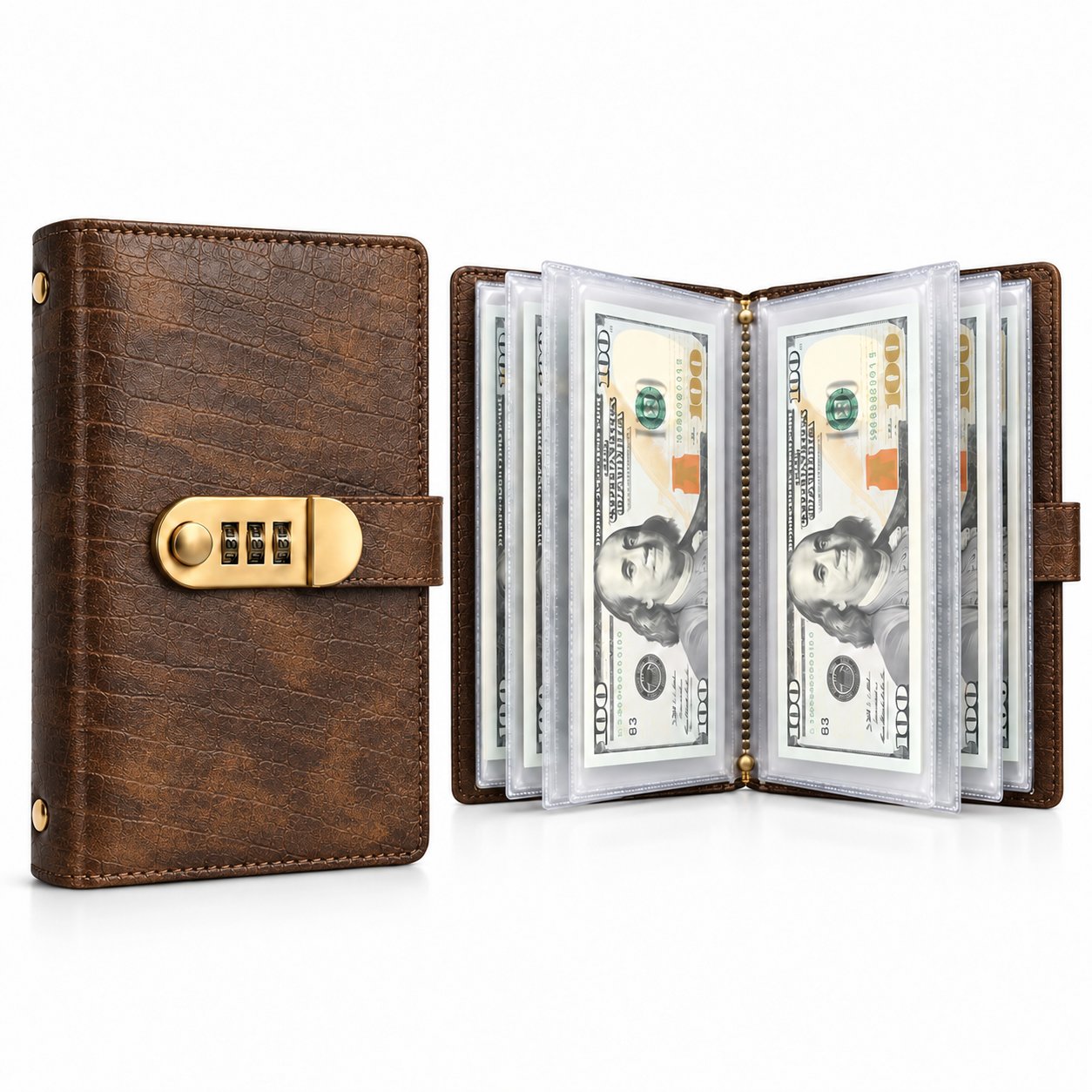 Compact lockable savings cash organizer Brown lockable savings cash organizer shown closed and open with transparent money sleeves