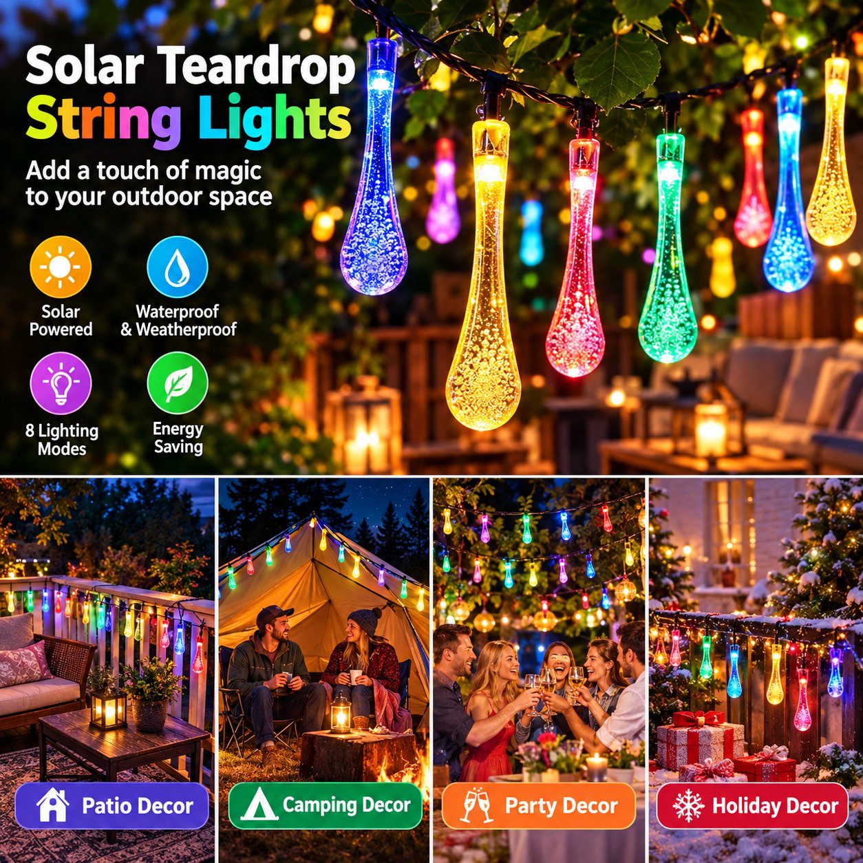 Solar teardrop string lights used for patio, camping, party, and holiday decorating