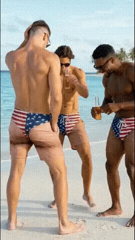 Funny patriotic men's swim trunks in motion