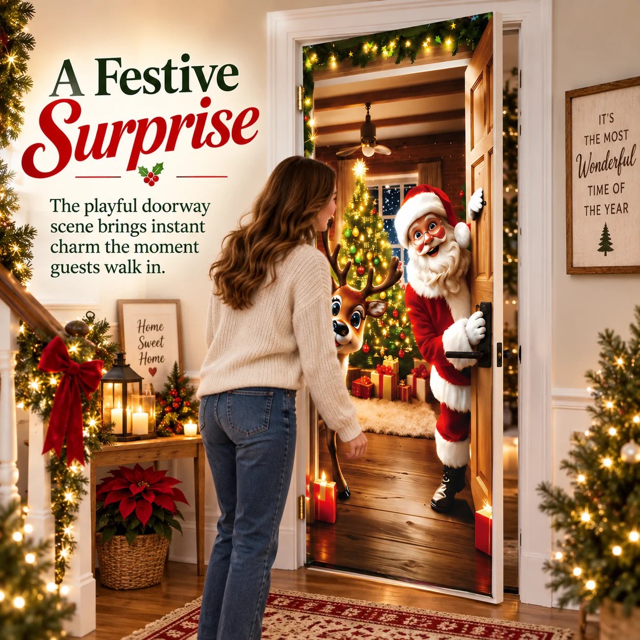 Christmas doorway scene featuring Santa and reindeer door artwork Christmas doorway scene featuring Santa and reindeer door artwork