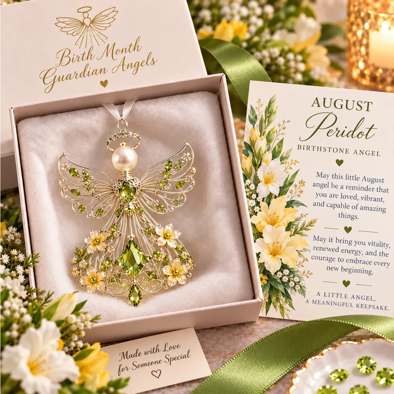 August guardian angel with peridot green-inspired accents