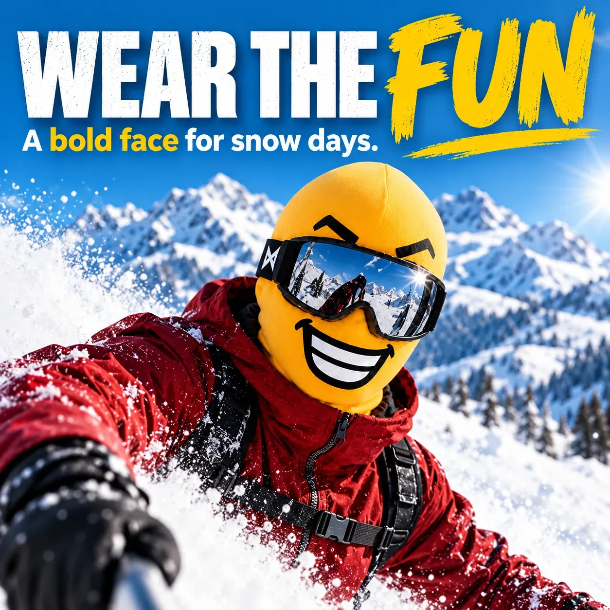Big Cheese yellow expression ski mask worn in the mountains