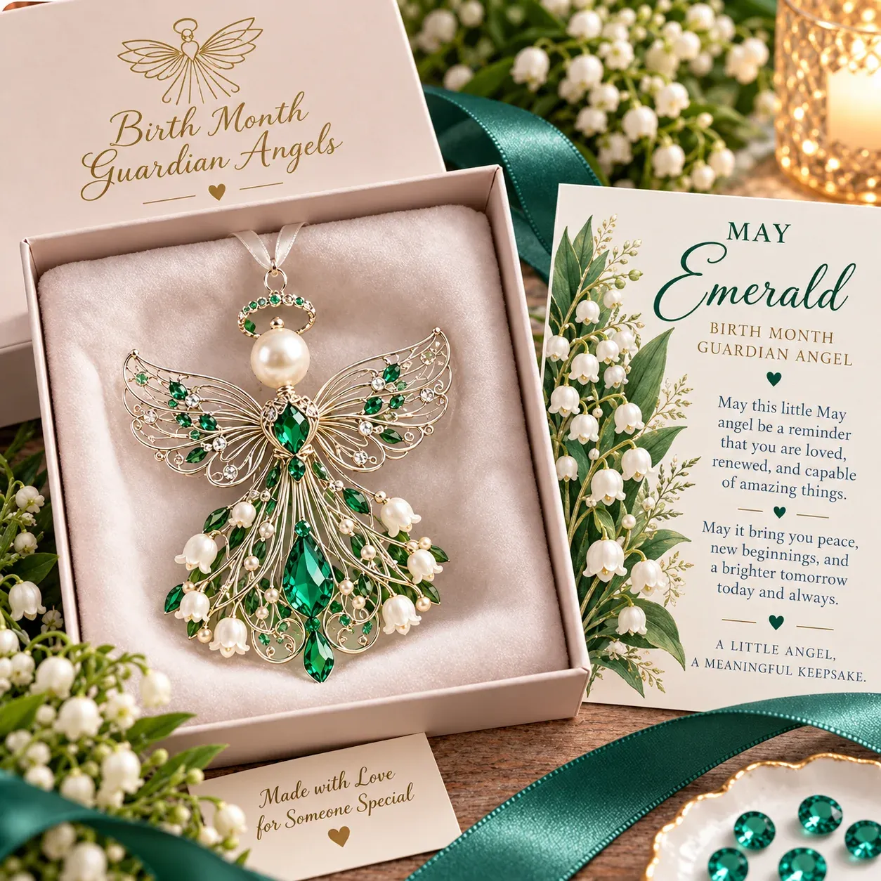 May guardian angel with emerald green-inspired accents