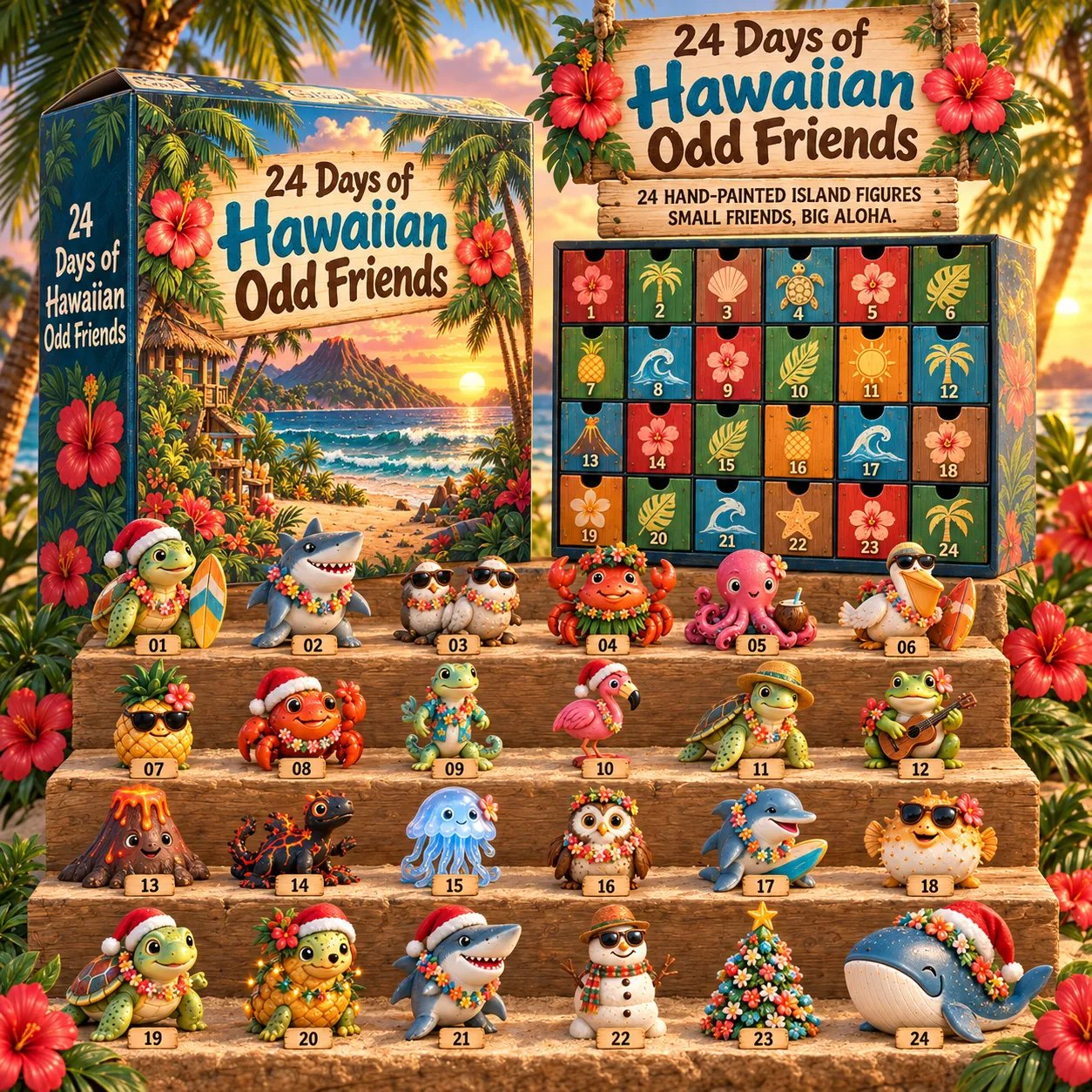 24 Days of Hawaiian Odd Friends Advent Calendar with all 24 tropical figures