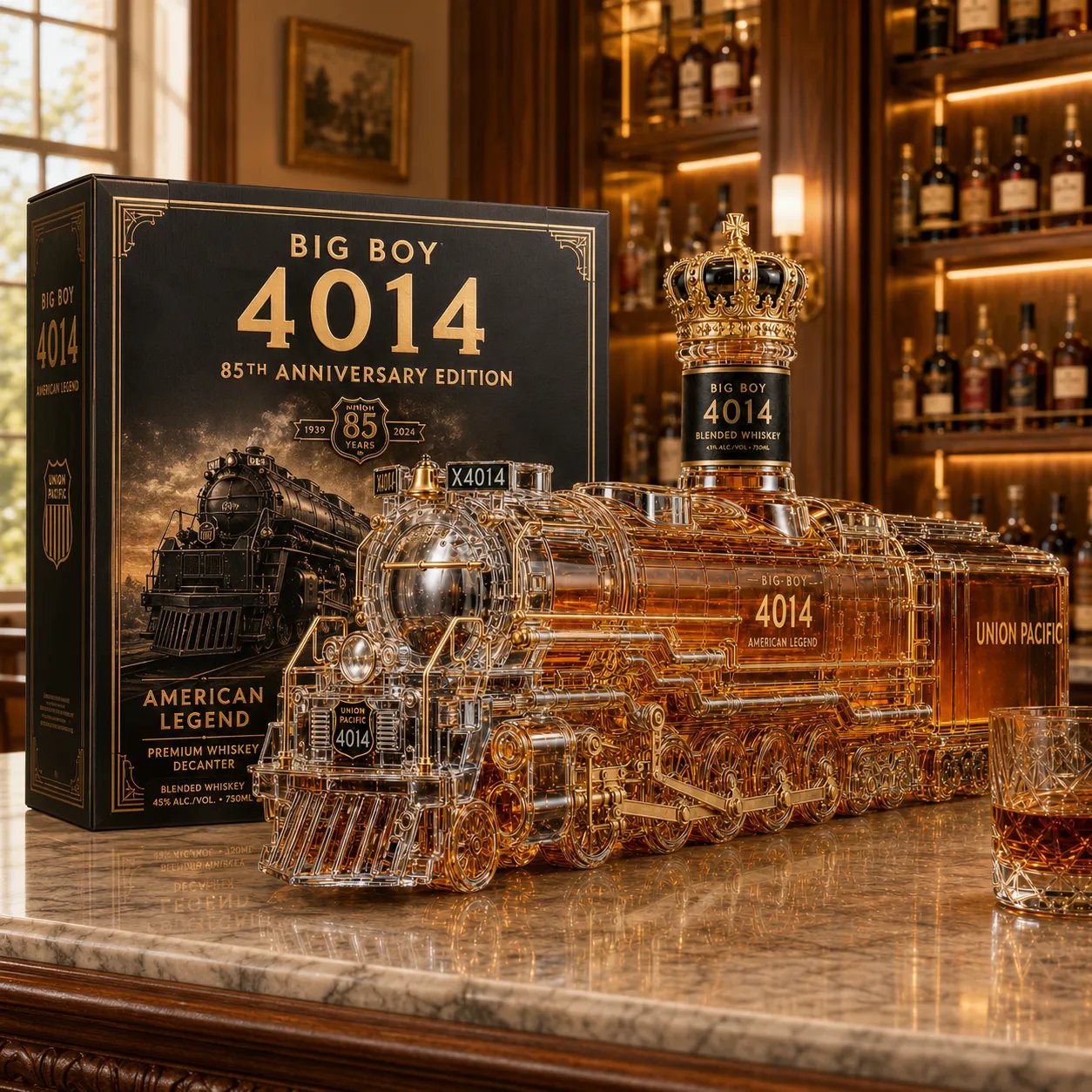 Steam locomotive inspired decanter with detailed wheels boiler and vintage railroad accents