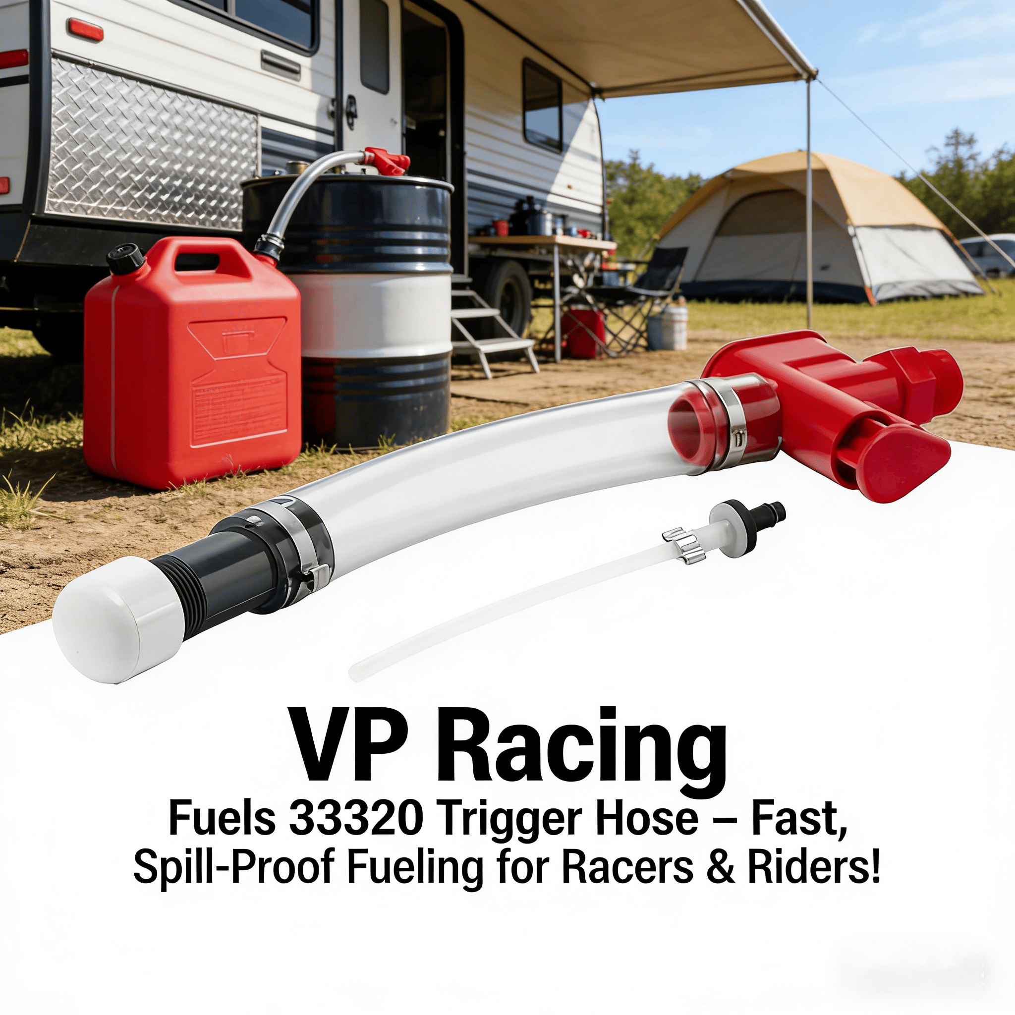 VP Racing Fuels trigger hose on garage shelf