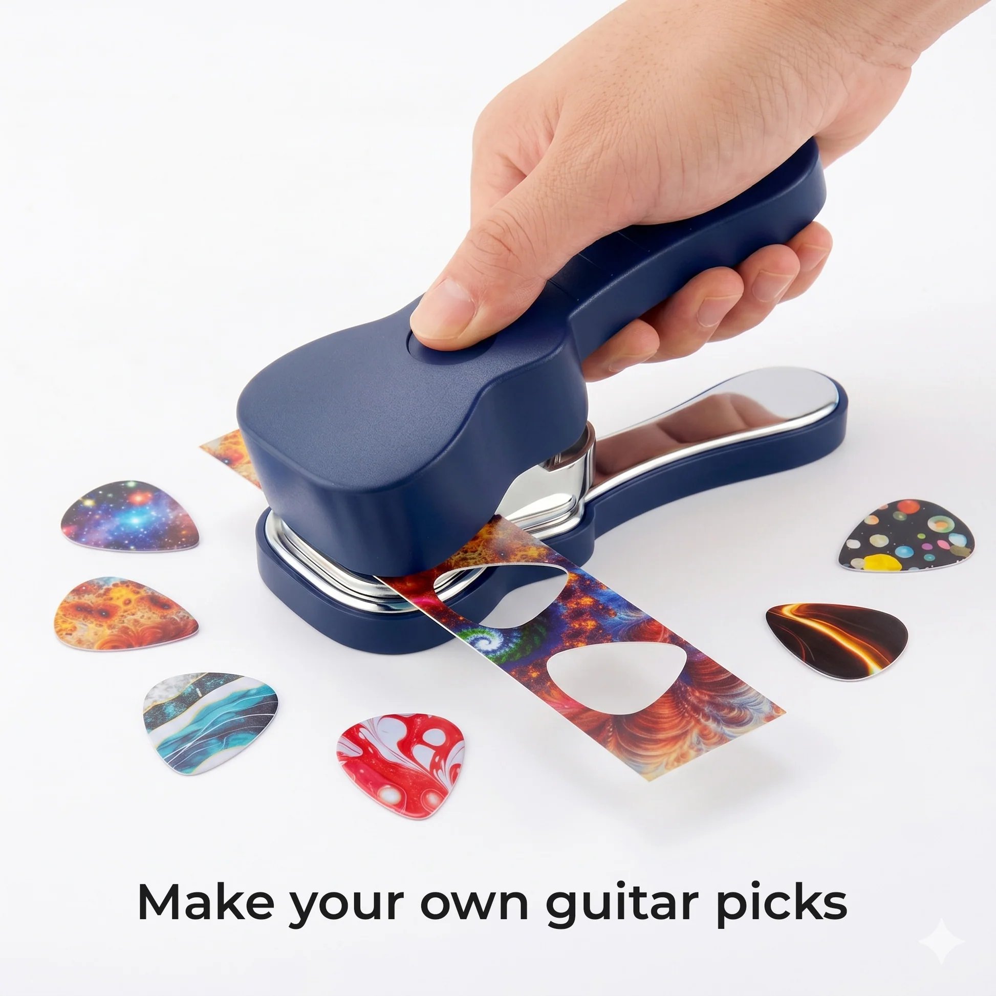 Hand pressing a guitar pick punch to cut a custom pick from a colorful plastic card