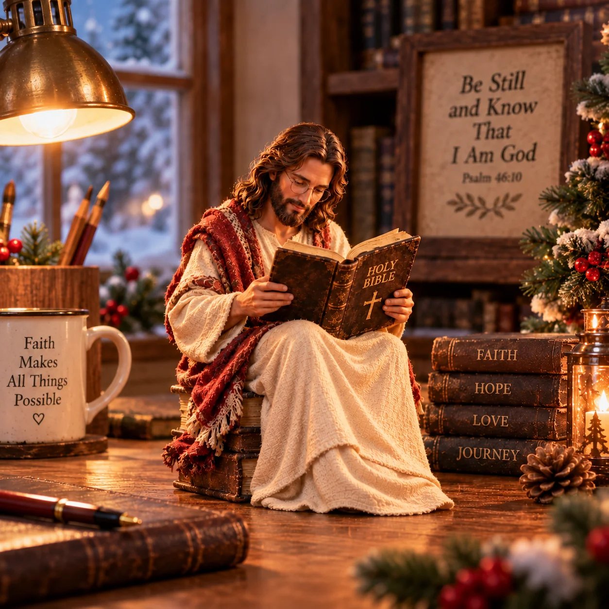 Jesus reading Holy Bible figurine