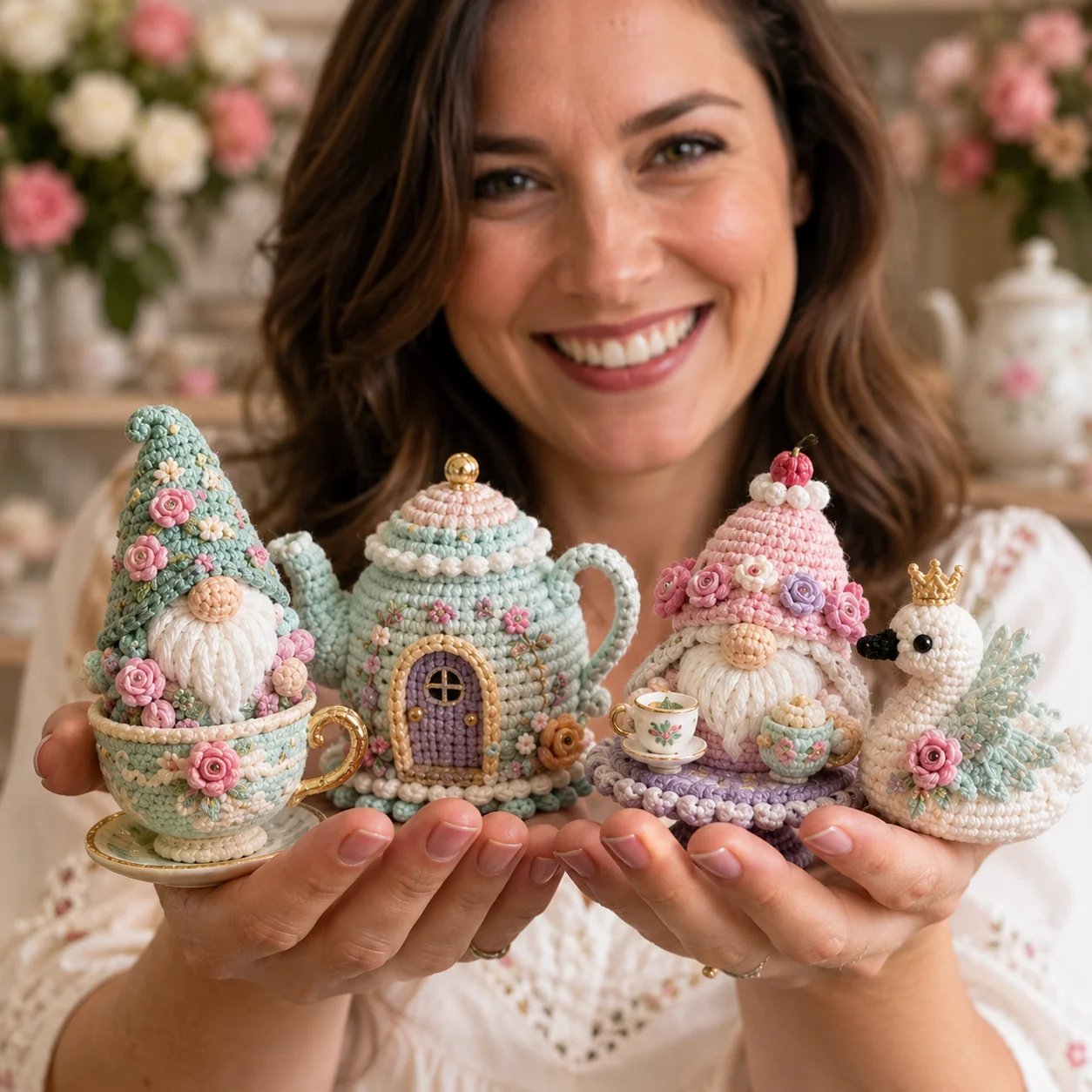 Finished Enchanted Tea Party Gnomes crochet collection