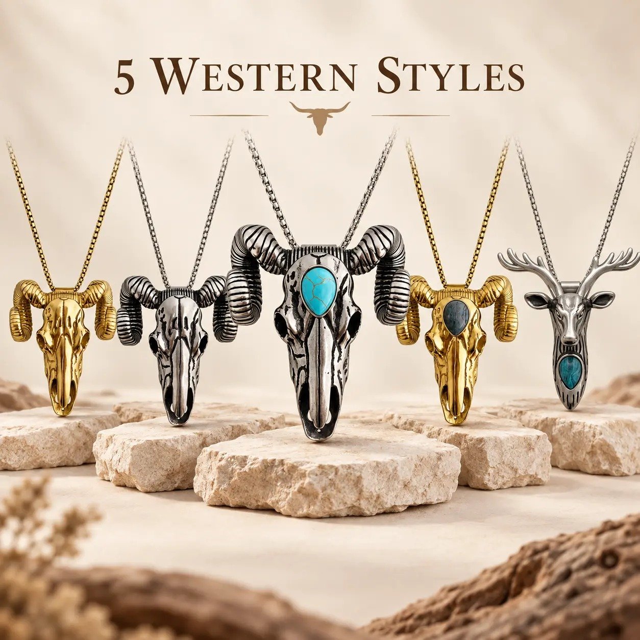Five western ram skull and deer pendant designs