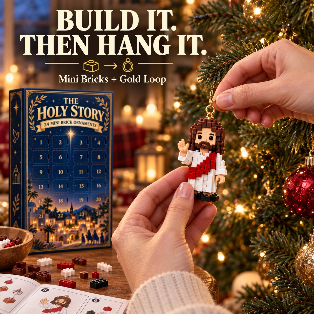 Mini brick Christmas ornaments with gold hanging loops