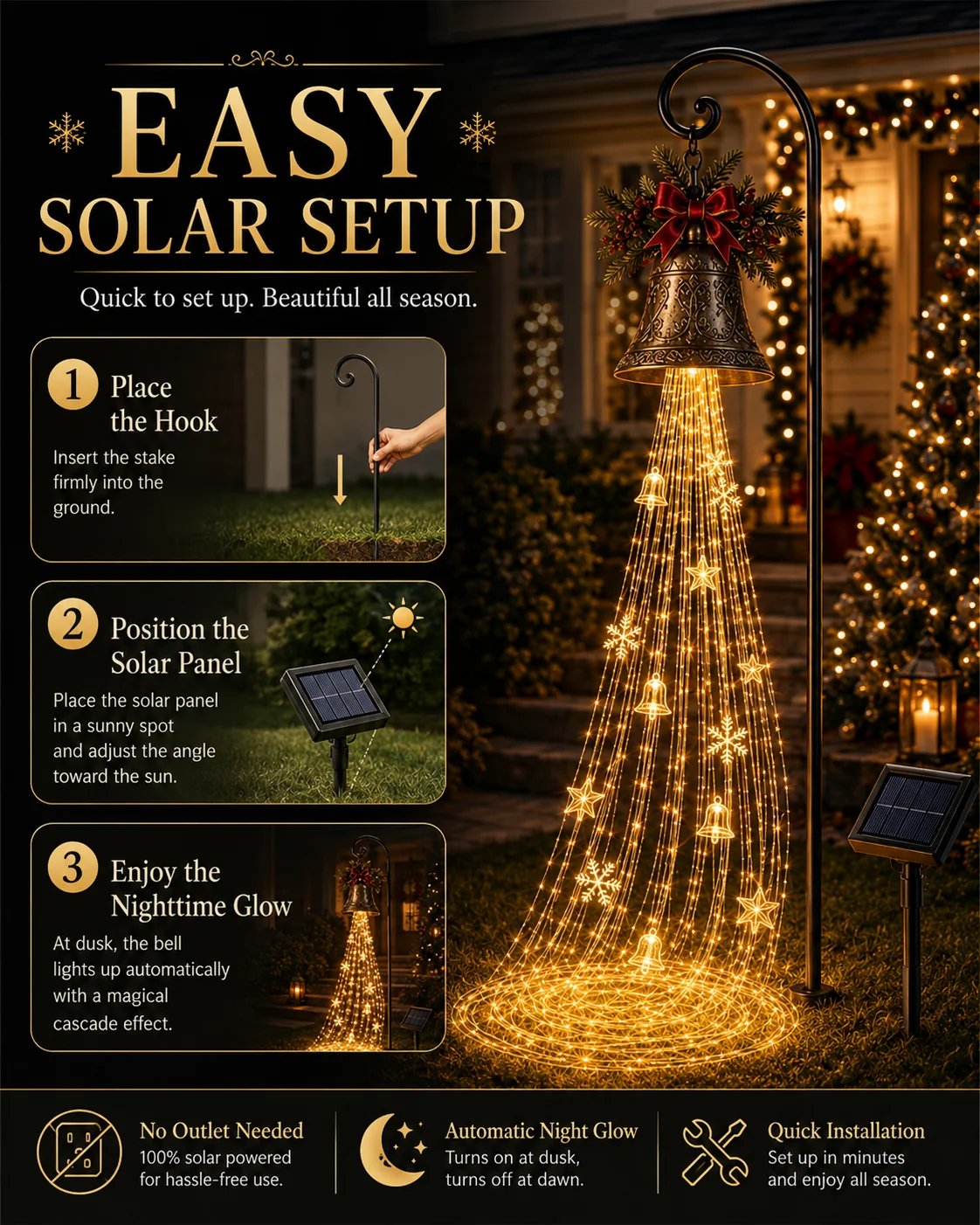 Christmas Bell Cascade easy solar setup