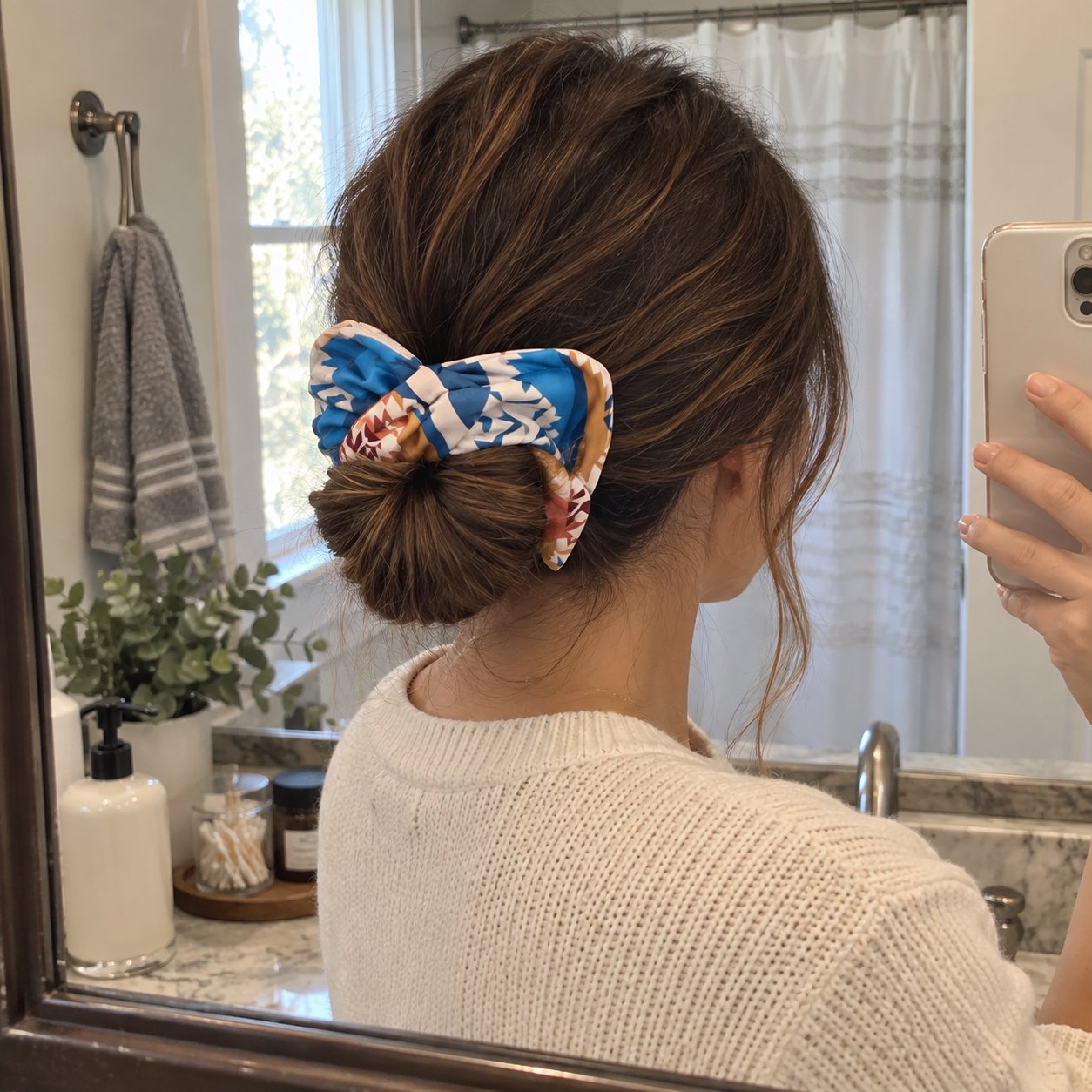 Customer mirror photo showing the Southwest bow with a low bun and a cream sweater