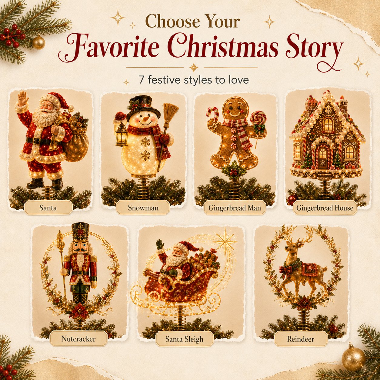 Seven festive tree topper designs