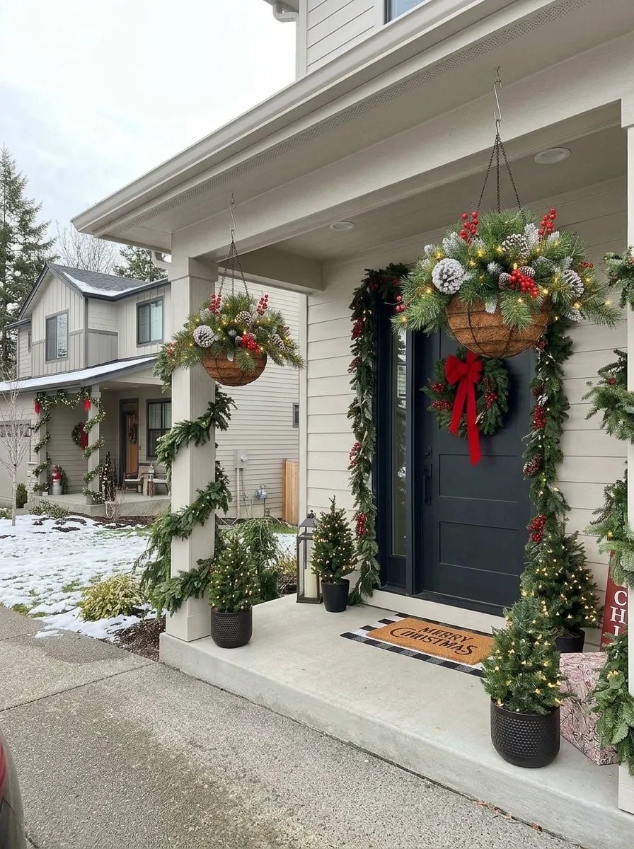 Christmas hanging baskets decorating outdoor entrance