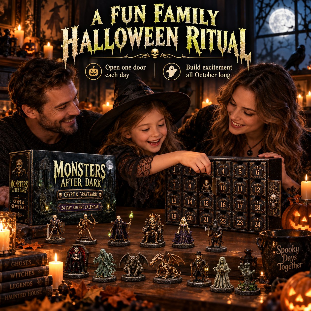 A family opening a numbered door of the Halloween monster calendar together
