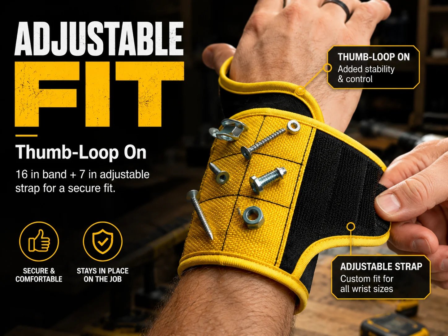 Adjustable magnetic tool wristband with thumb loop and secure strap
