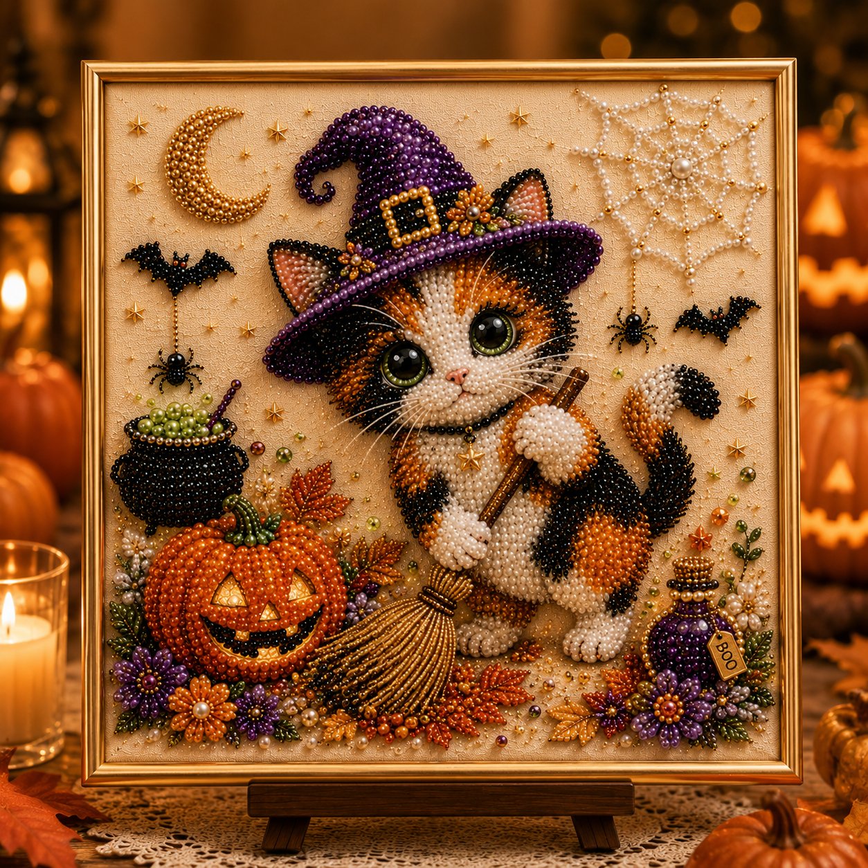 Finished Halloween cat pearl bead artwork