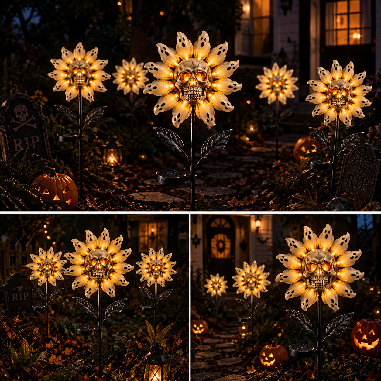 Multiple glowing Halloween skull sunflower garden stakes along walkway