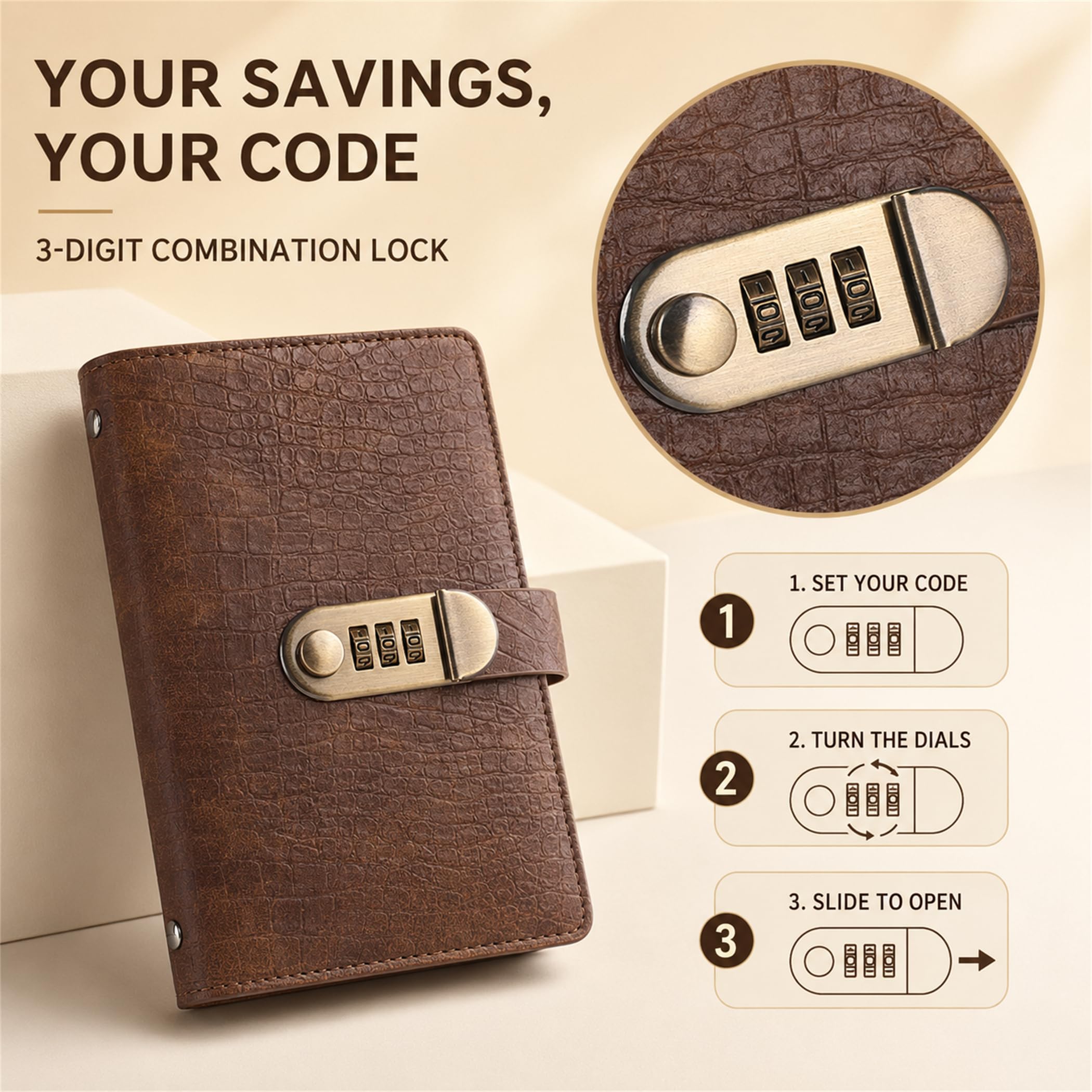 Easy 3-digit combination lock operation Three-step instructions for setting and opening the savings organizer combination lock