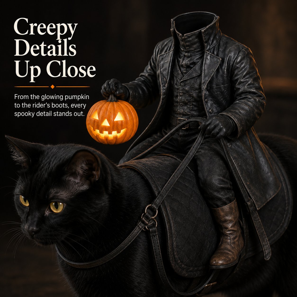 Close-up detail of the headless rider Halloween cat costume