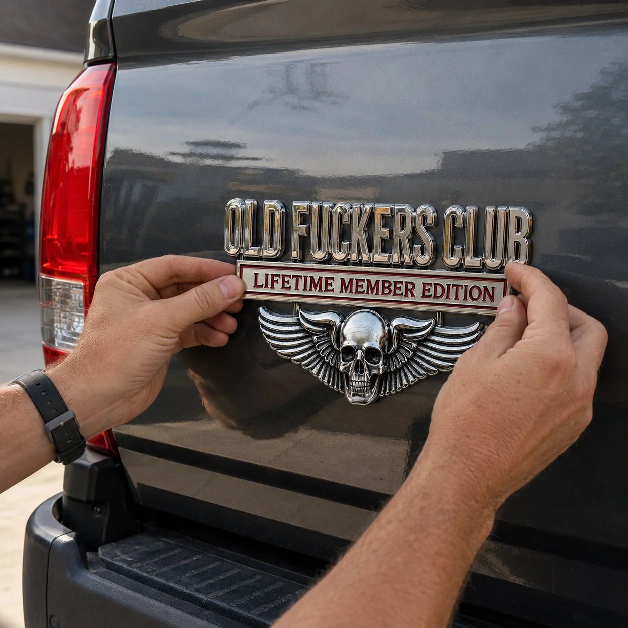 Peel and stick adhesive installation of OLD F*CKERS CLUB metal car emblem