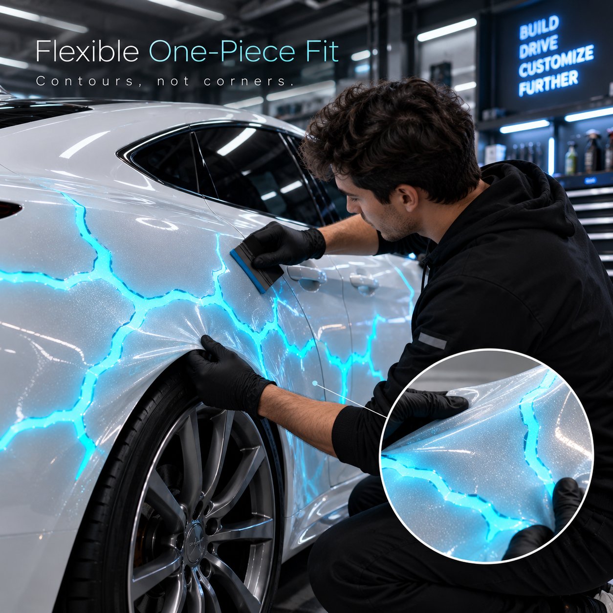 Liquid laser vinyl wrapped around automotive body curves