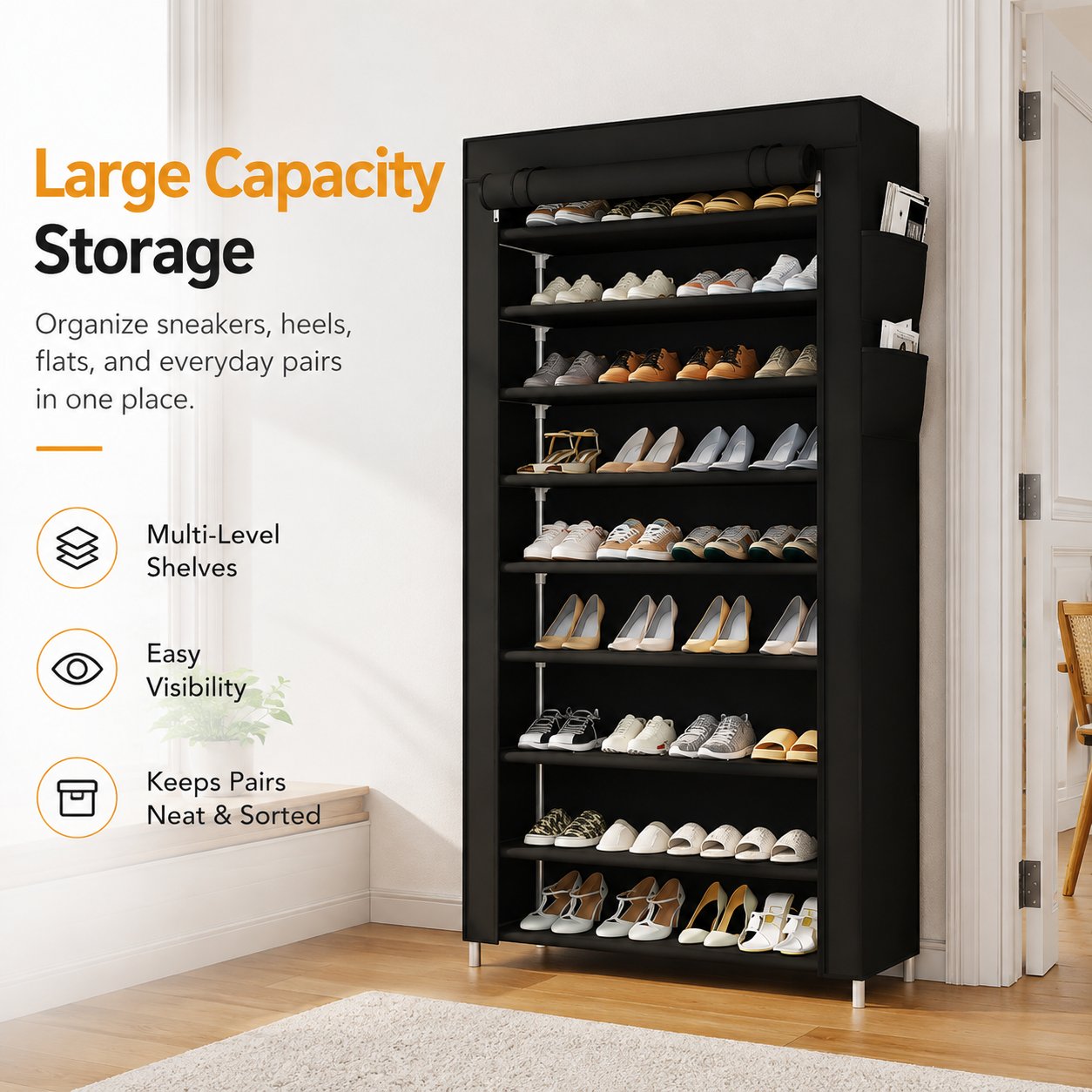 Space saving vertical shoe cabinet