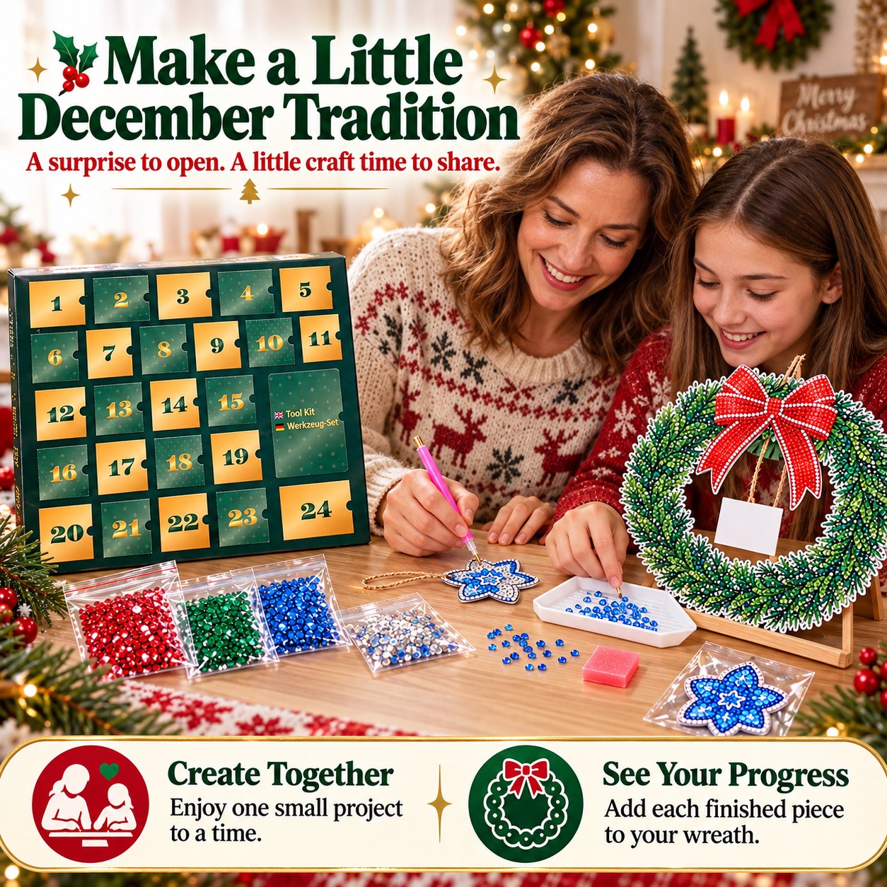 An adult and an older child crafting diamond art together at a Christmas table, with progress shown on the wreath